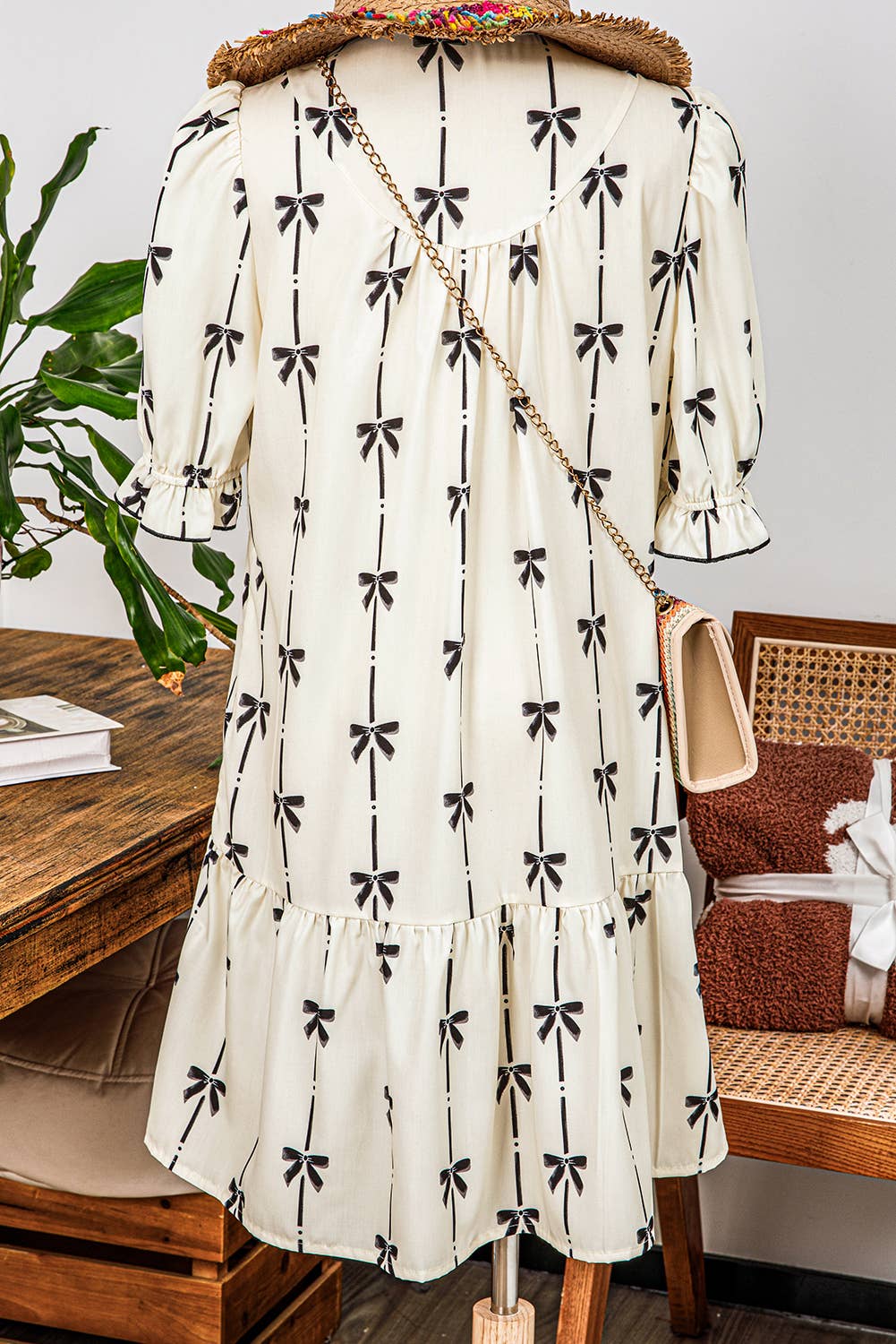 Bowknot Bubble Sleeve V Neck Mini Dress