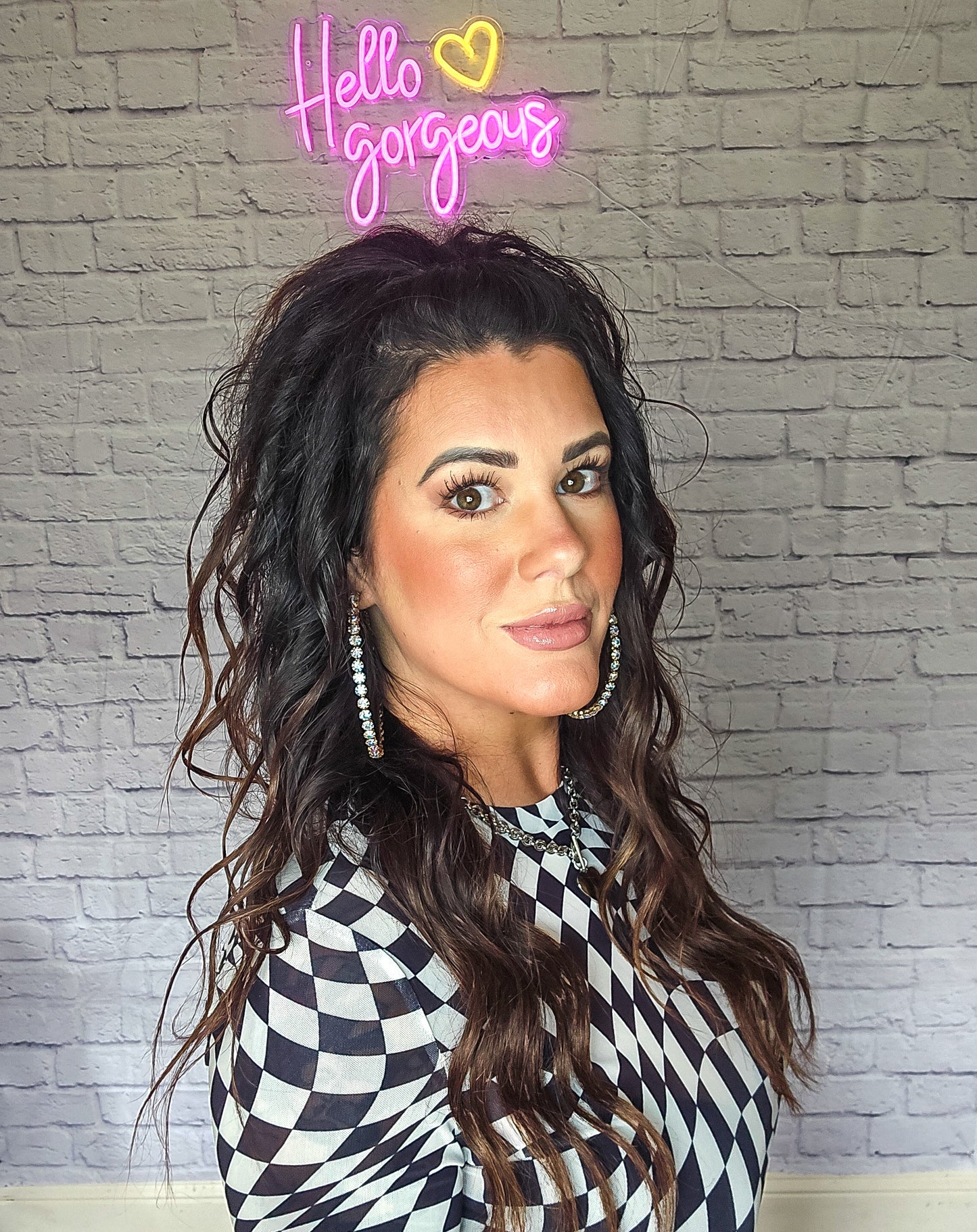 Western Checkered Pattern Mesh Mock Neck Long Sleeve Top