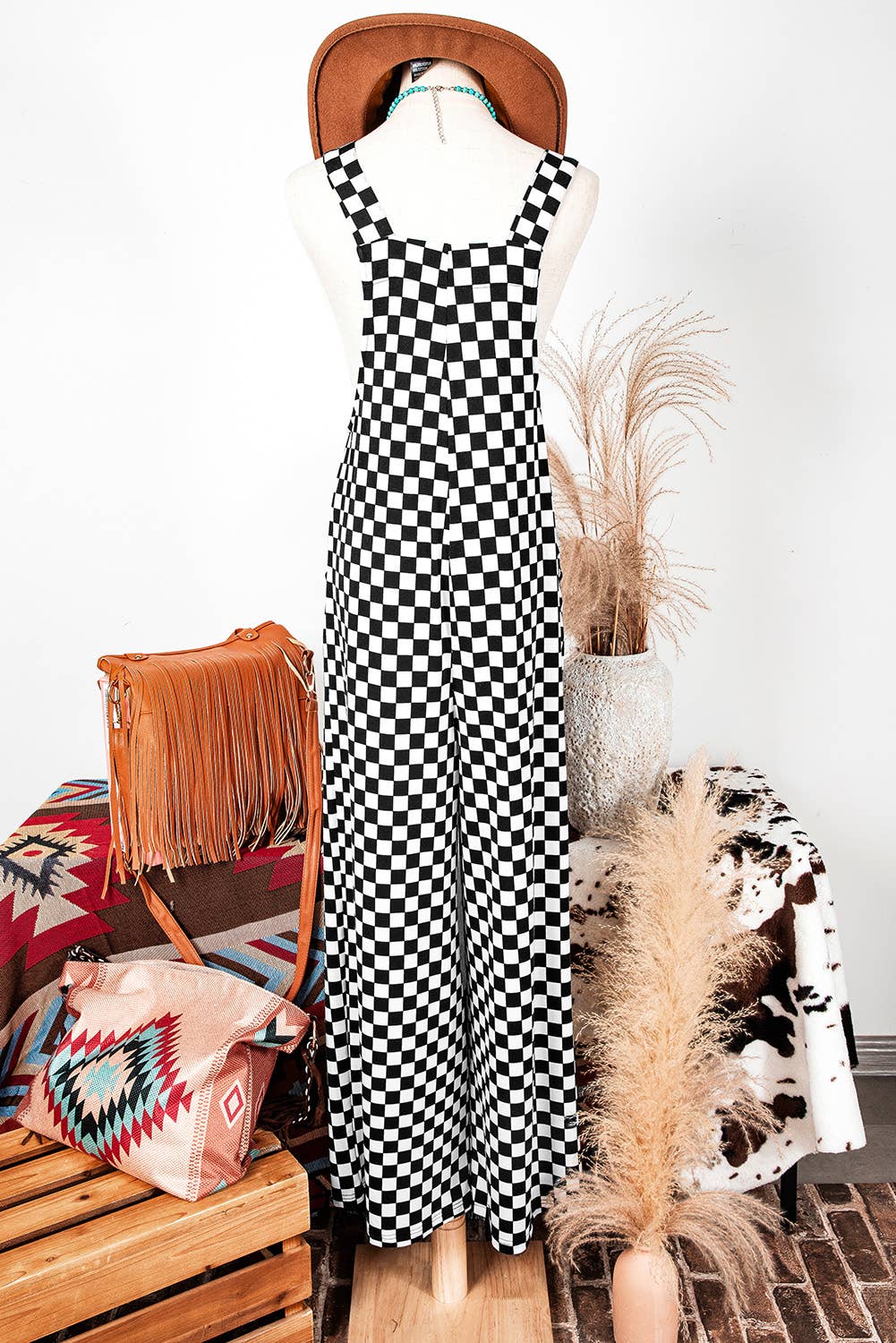 Checkered Print Pocketed Wide Leg Jumpsuit