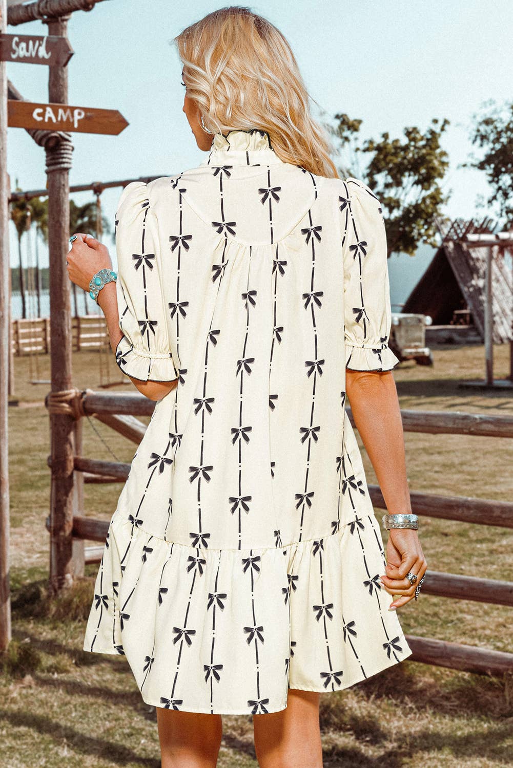 Bowknot Bubble Sleeve V Neck Mini Dress