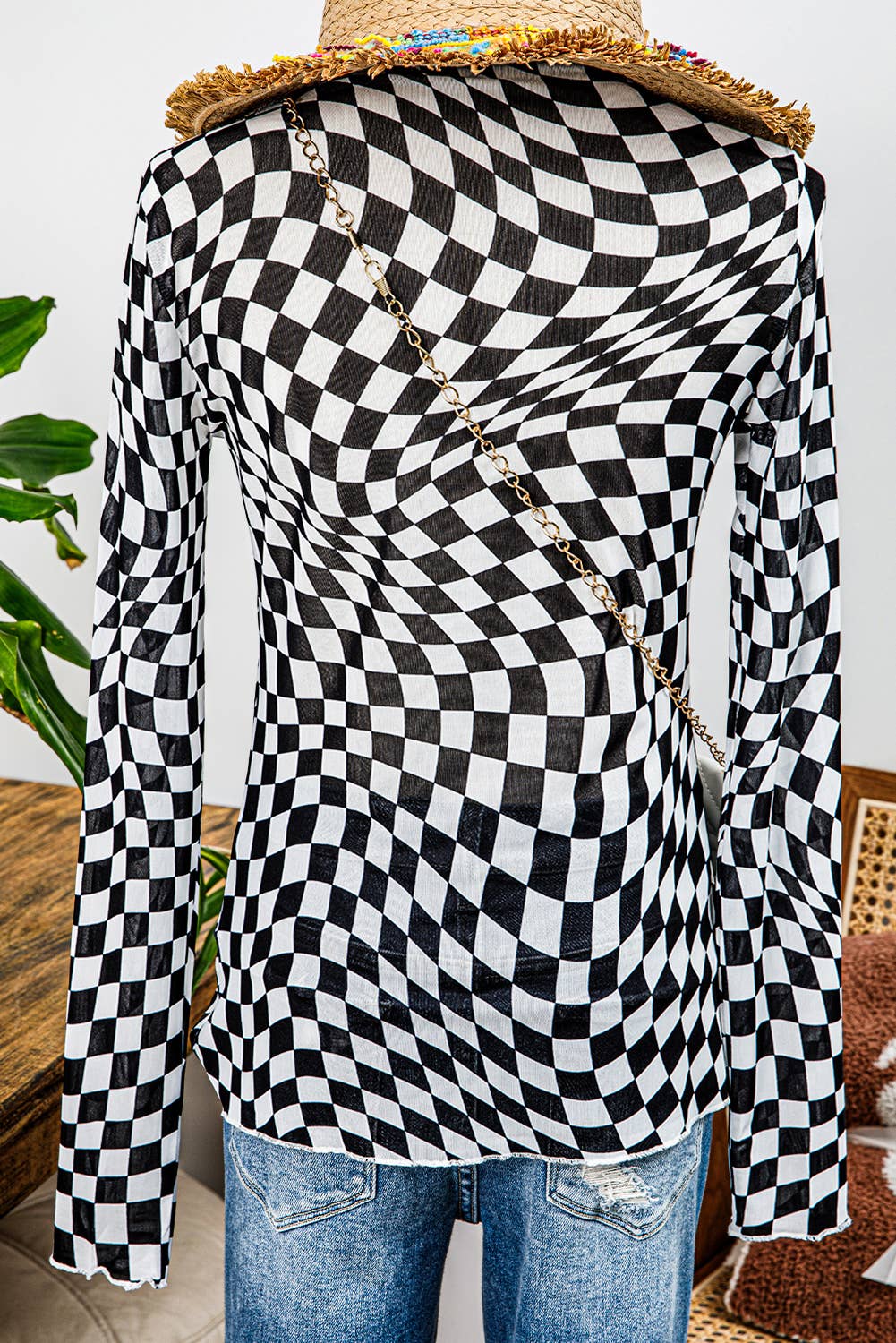 Western Checkered Pattern Mesh Mock Neck Long Sleeve Top