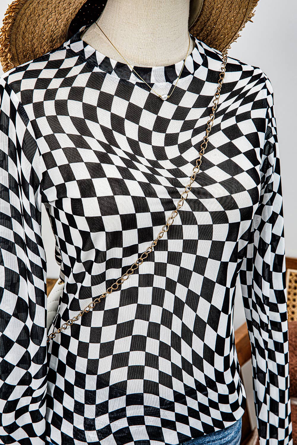 Western Checkered Pattern Mesh Mock Neck Long Sleeve Top