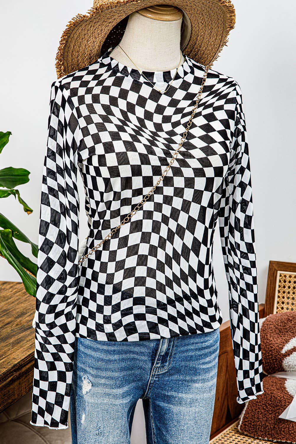 Western Checkered Pattern Mesh Mock Neck Long Sleeve Top