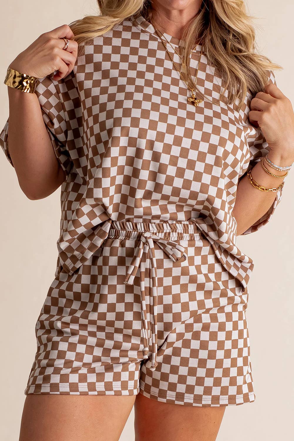 Plus Size Checkerboard Print Side Slim Tee Shorts Set