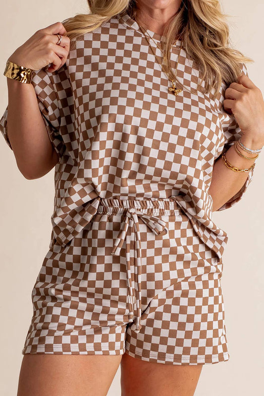 Plus Size Checkerboard Print Side Slim Tee Shorts Set