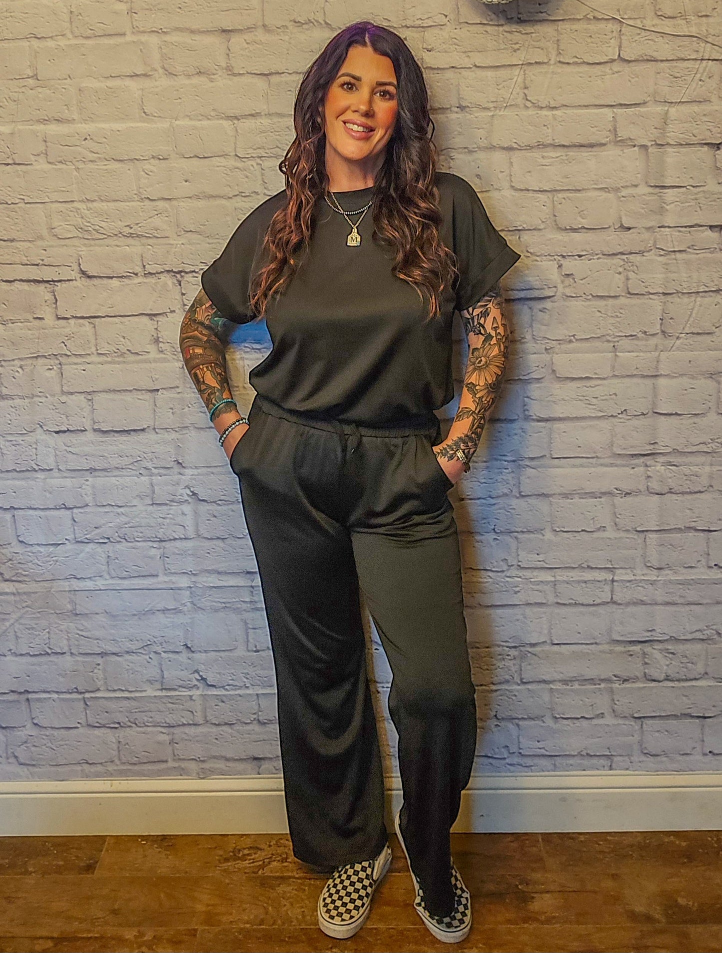 Round Neck Short Sleeve Top and Drawstring Pants Set