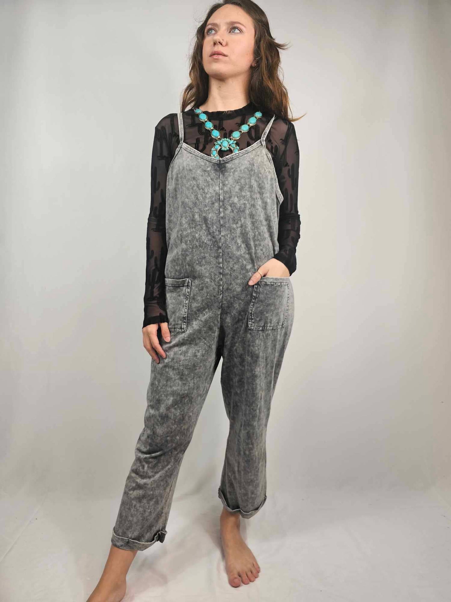 Acid Washed Jumpsuit - Gray