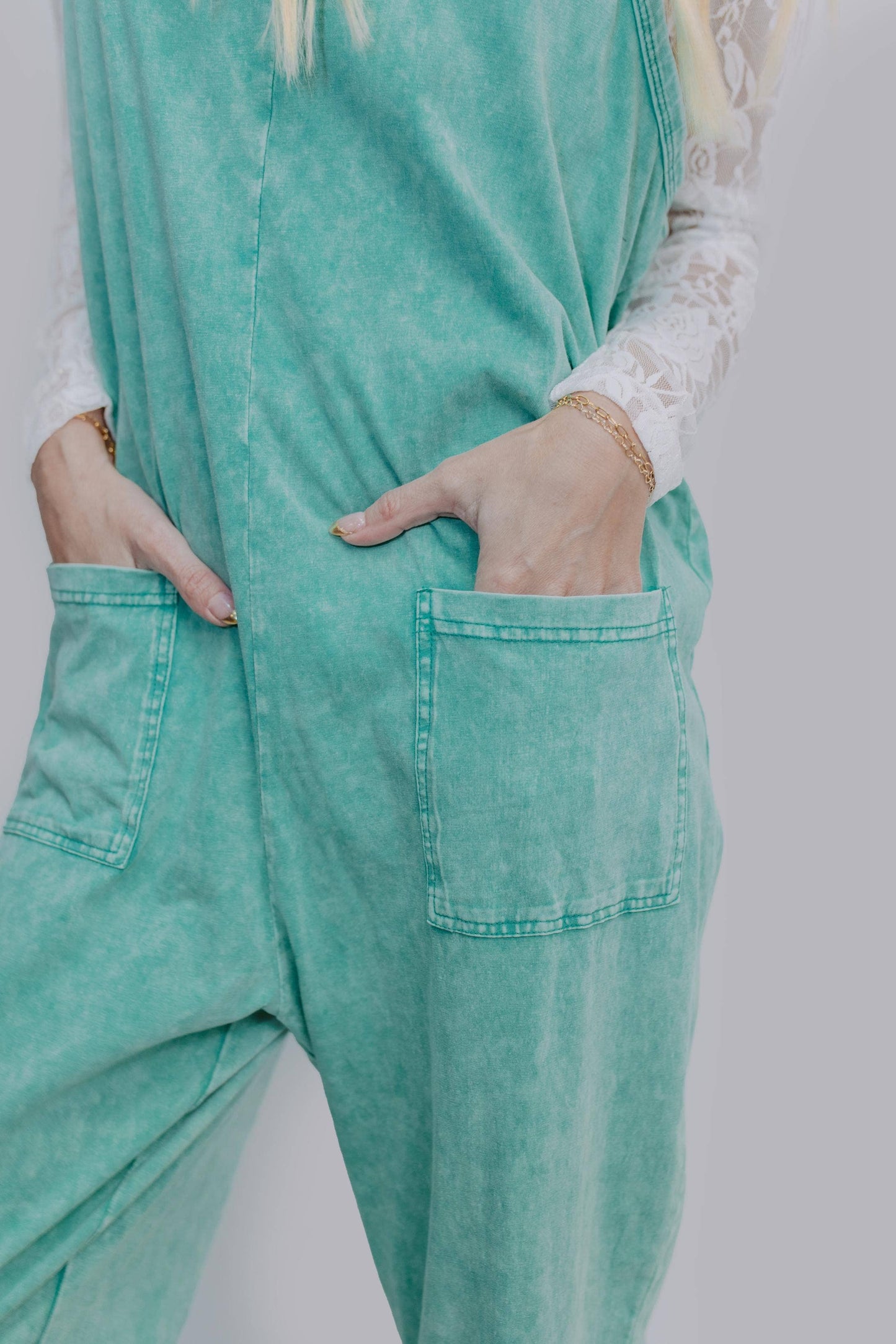 Acid Washed Jumpsuit - Turquoise