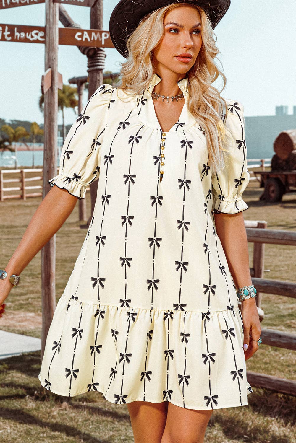  Bowknot Bubble Sleeve V Neck Mini Dress