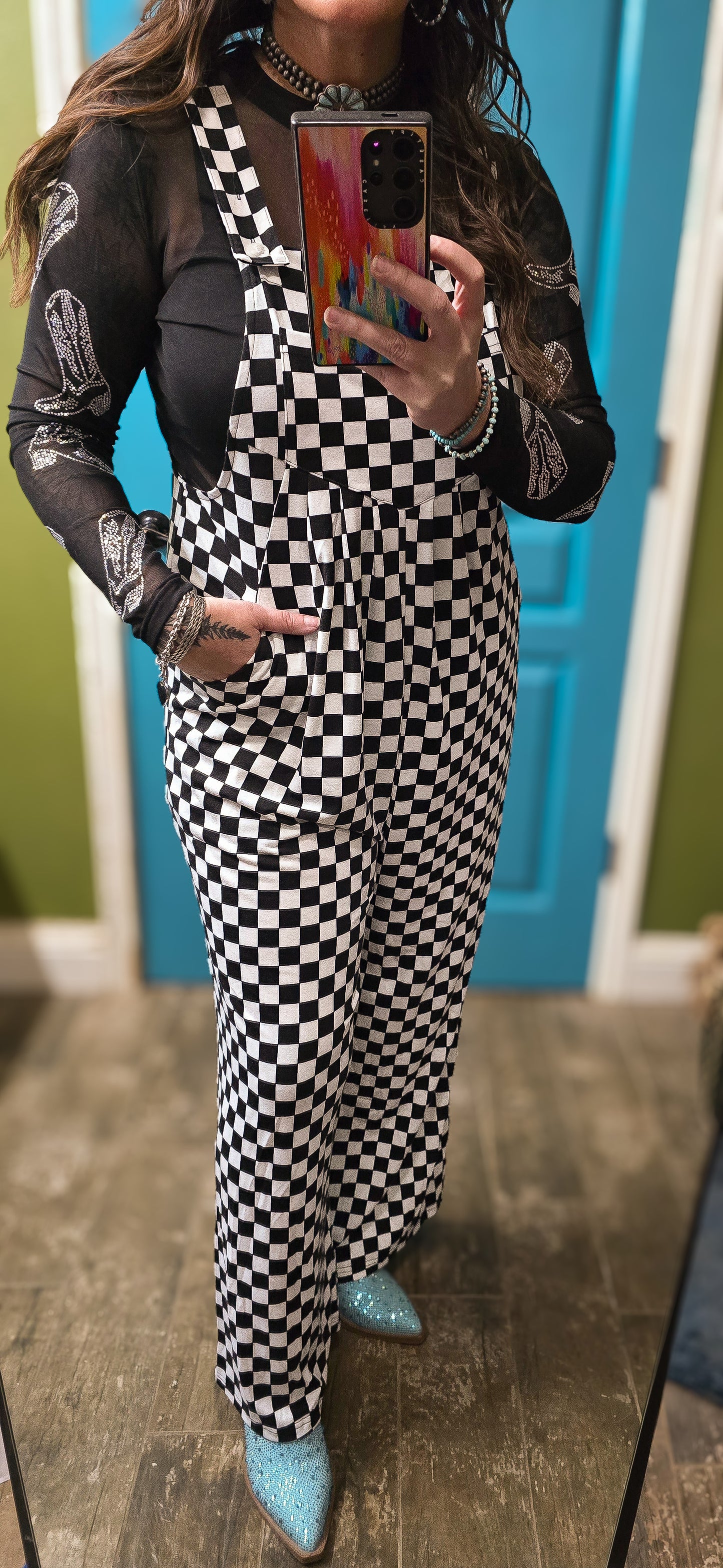 Checkered Print Pocketed Wide Leg Jumpsuit
