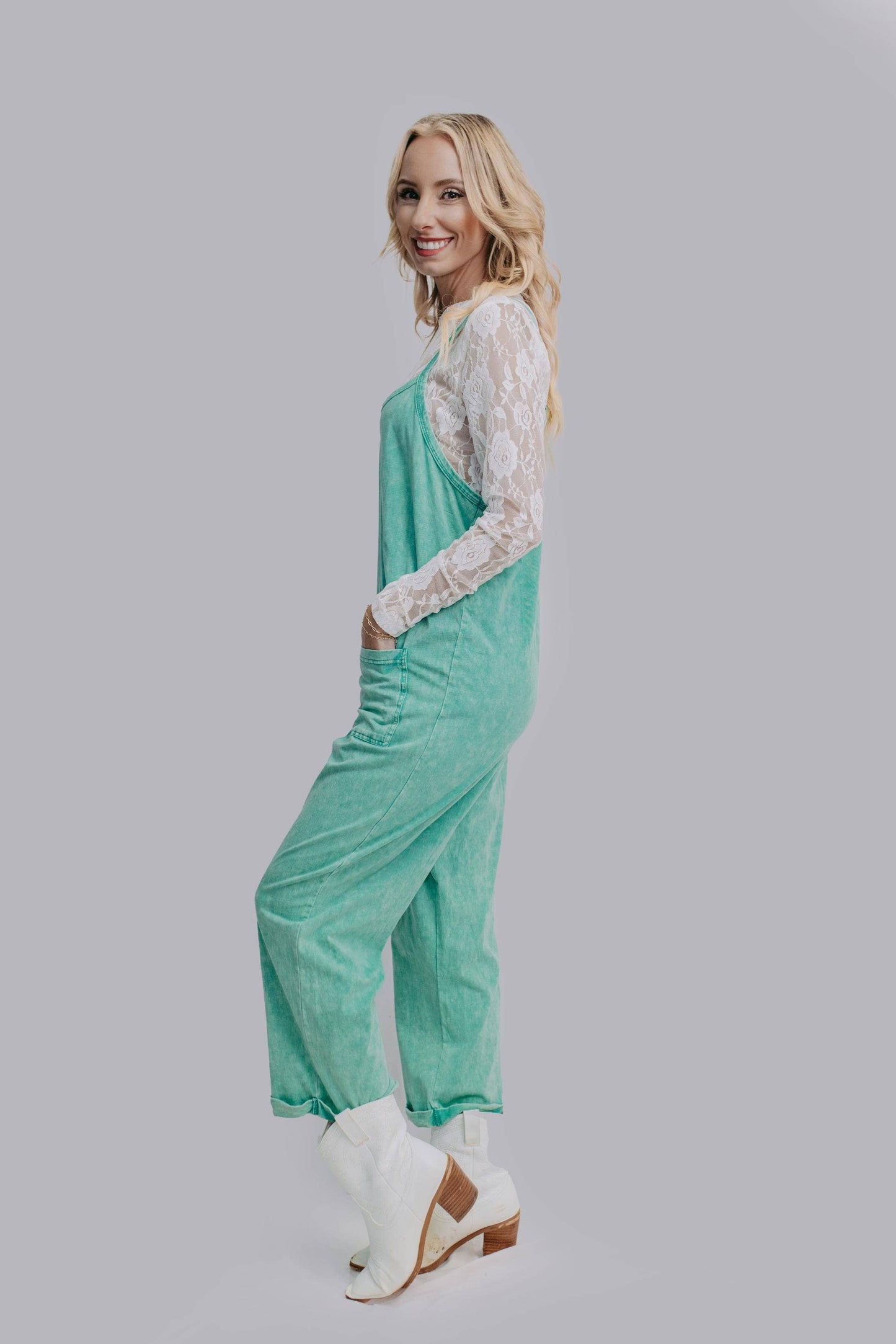 Acid Washed Jumpsuit - Turquoise