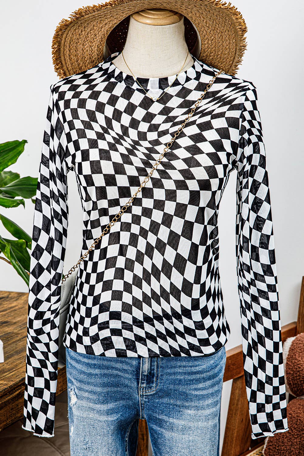 Western Checkered Pattern Mesh Mock Neck Long Sleeve Top