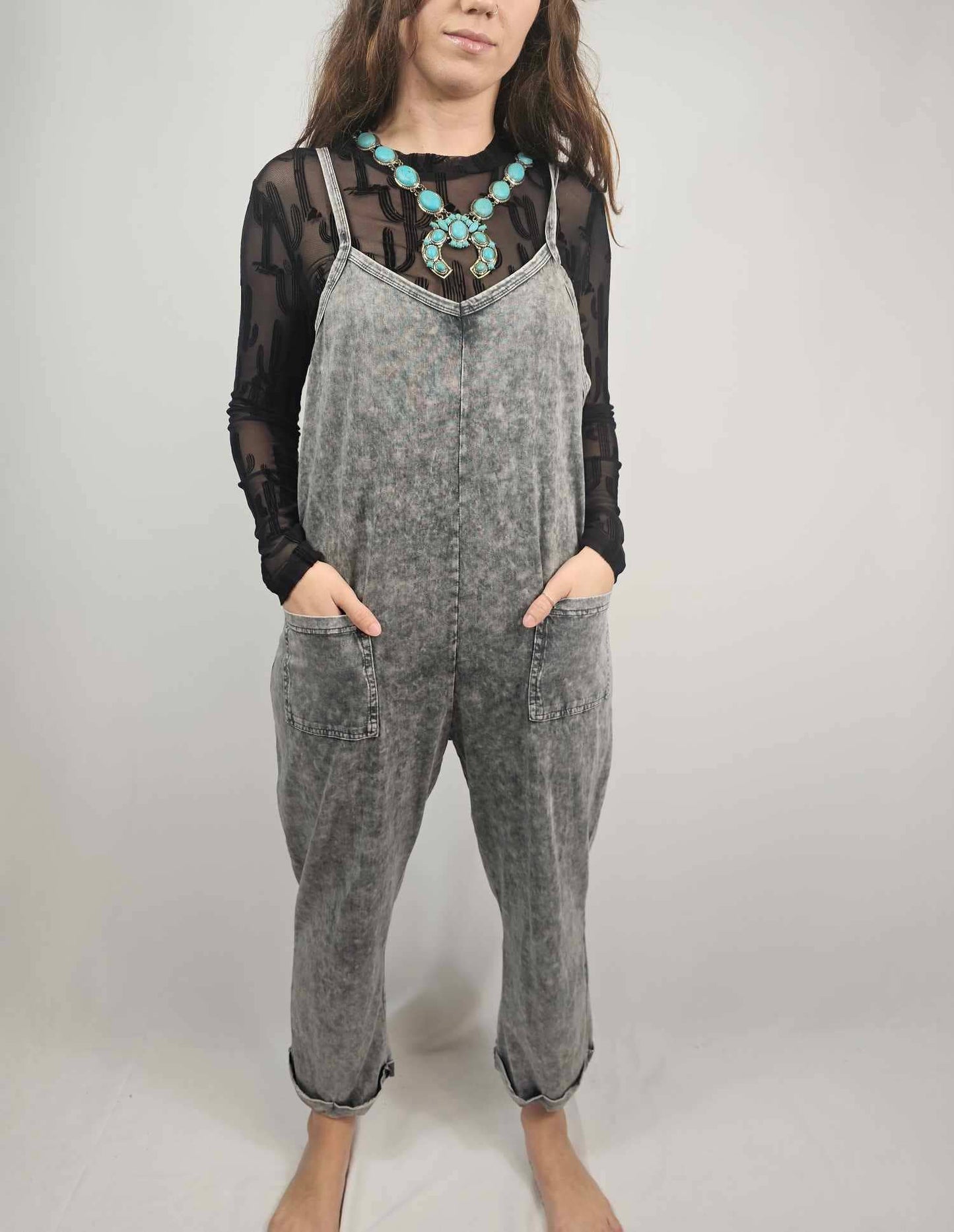 Acid Washed Jumpsuit - Gray