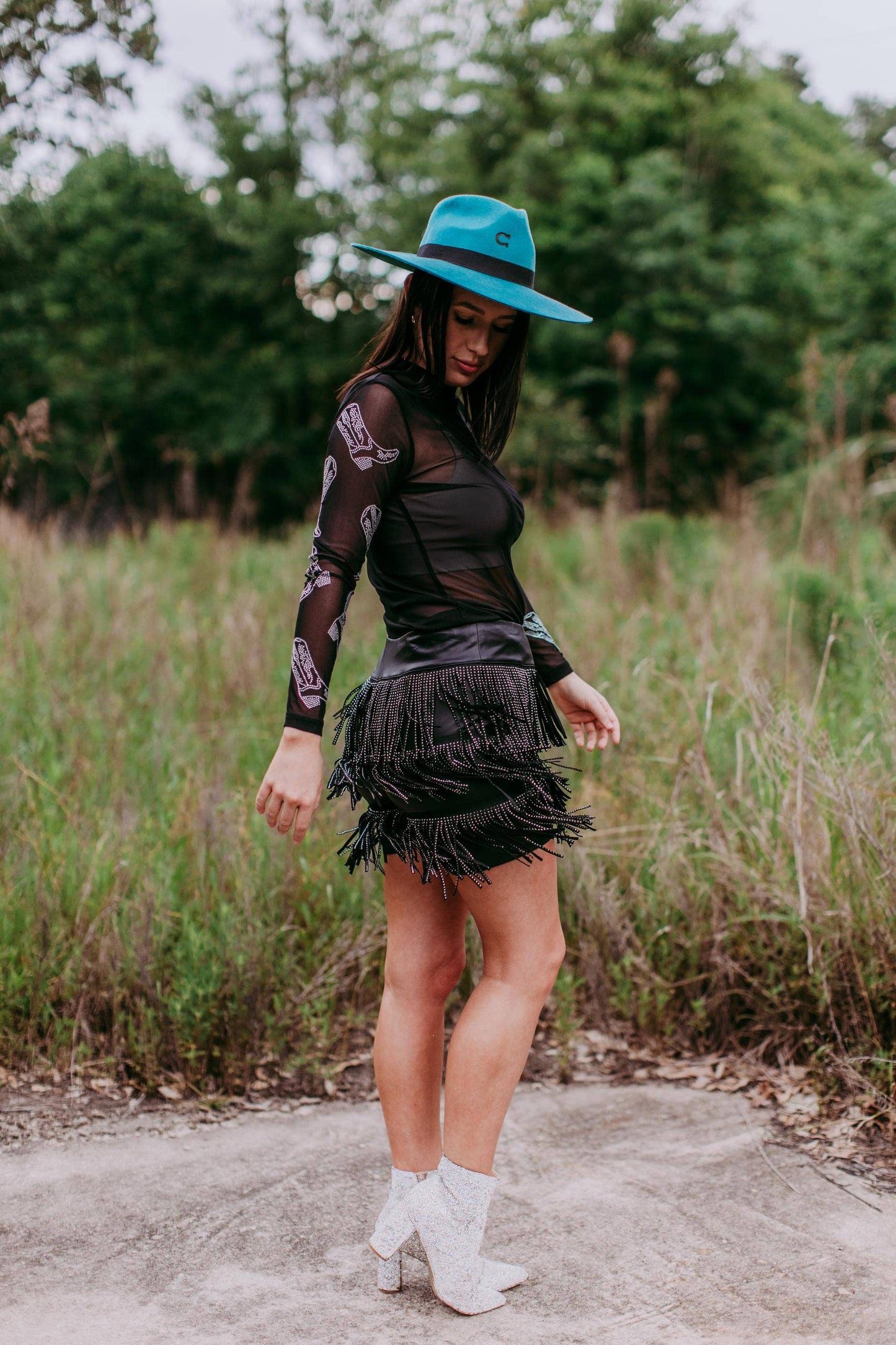 Django Black Rhinestone Embellished Mesh LS Top