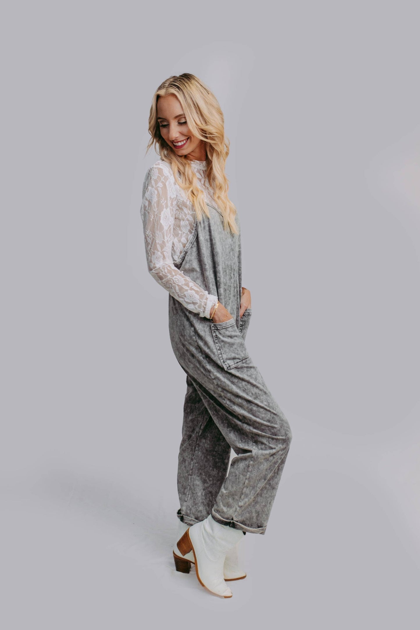 Acid Washed Jumpsuit - Gray