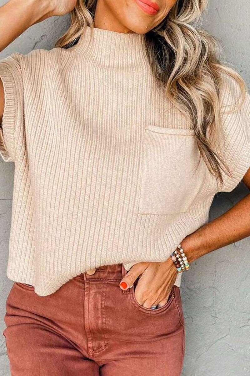 Mccolin - Ribbed Short-Sleeve Mock Neck Sweater