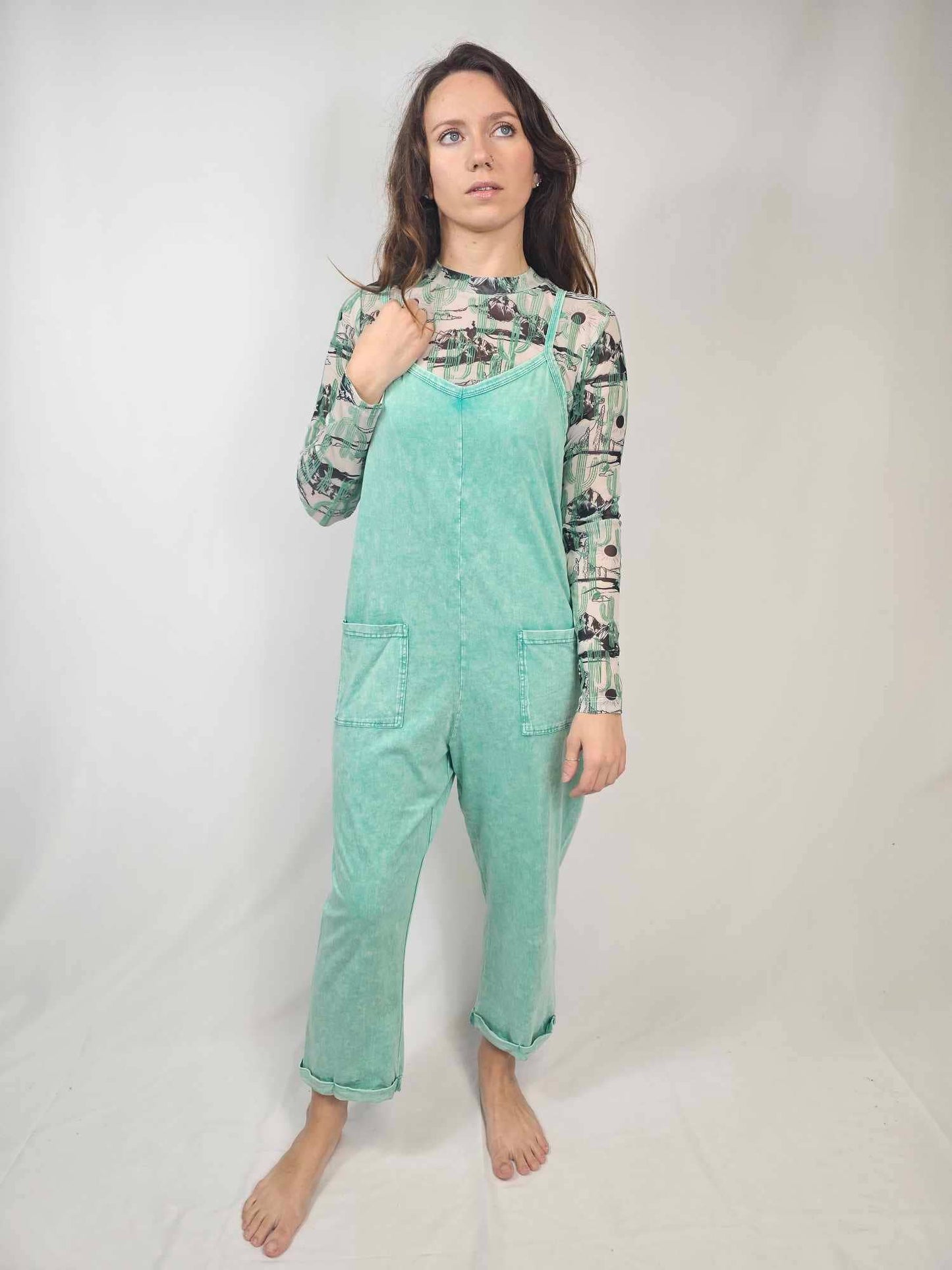 Acid Washed Jumpsuit - Turquoise