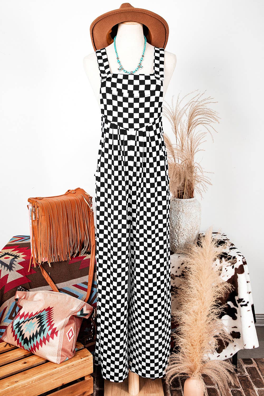 Checkered Print Pocketed Wide Leg Jumpsuit