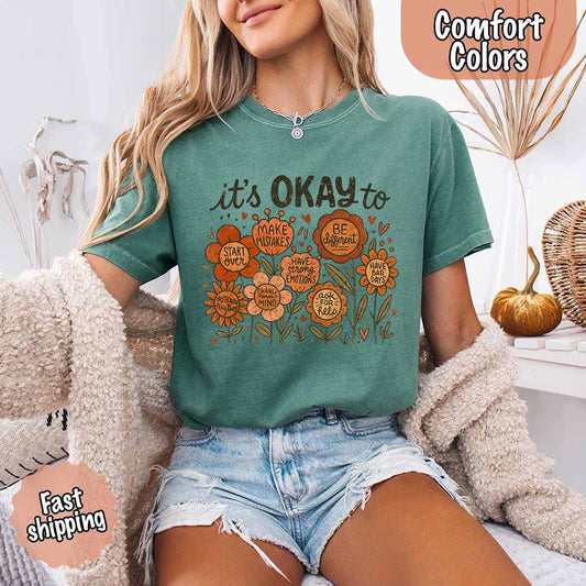 It’s Okay Boho Floral Comfort Colors Tee – Vintage Wildflower Shirt for Women