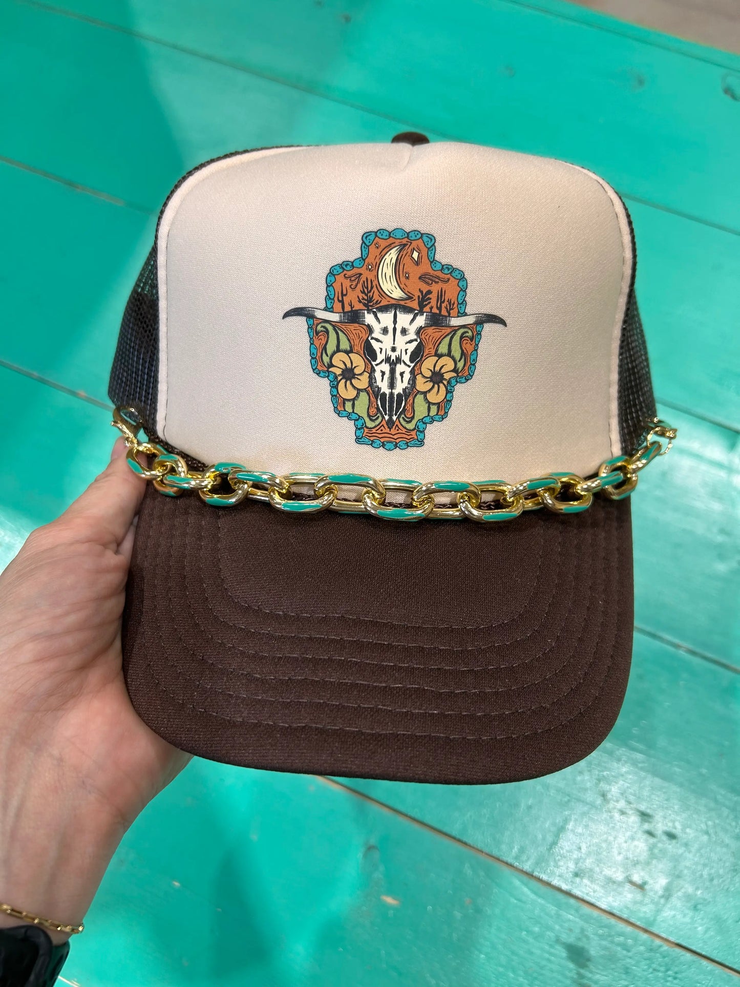 Turquoise Skull Trucker