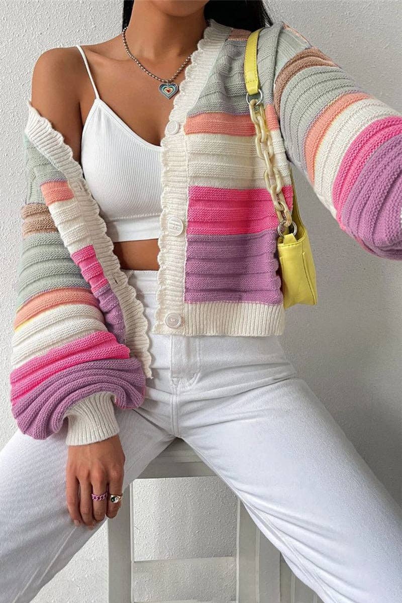 Mccolin - Striped Button-Front Cardigan Sweater