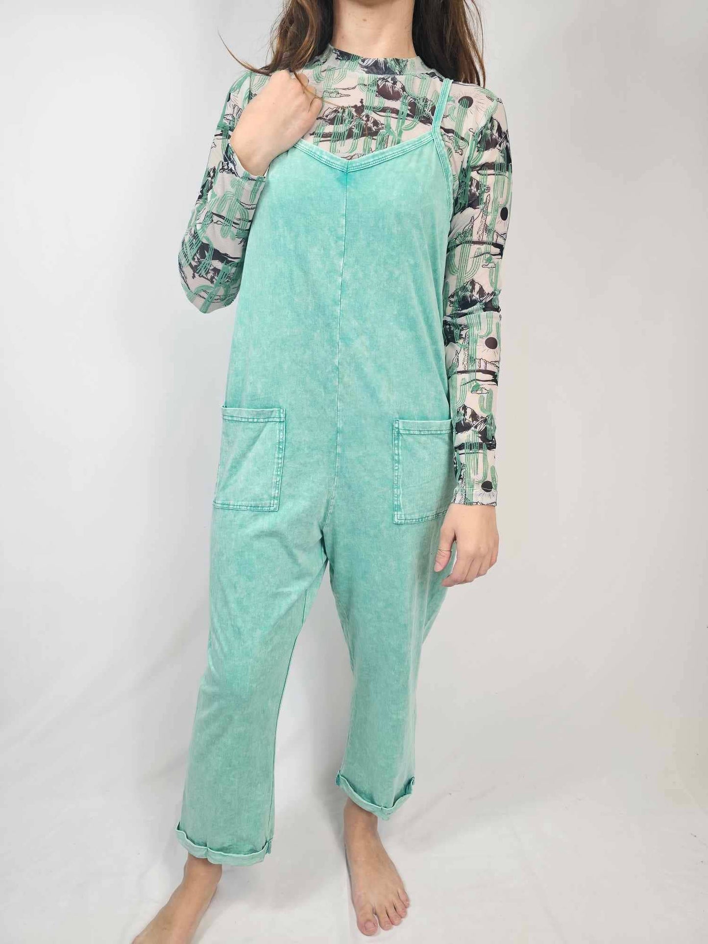Acid Washed Jumpsuit - Turquoise