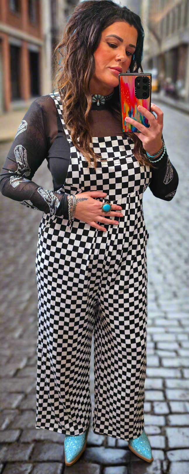 Checkered Print Pocketed Wide Leg Jumpsuit