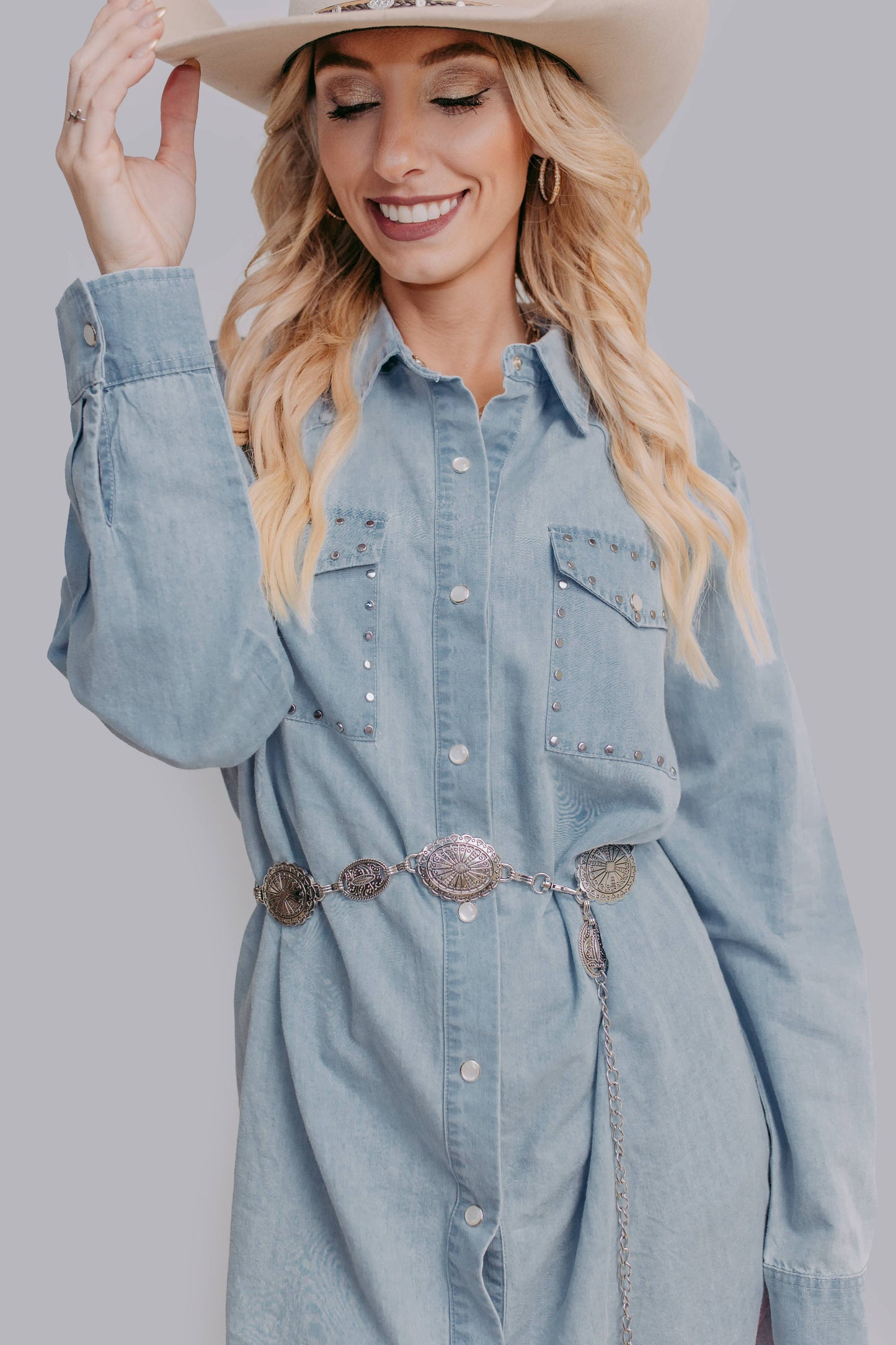 Studded Pearl Snap Shirt Dress