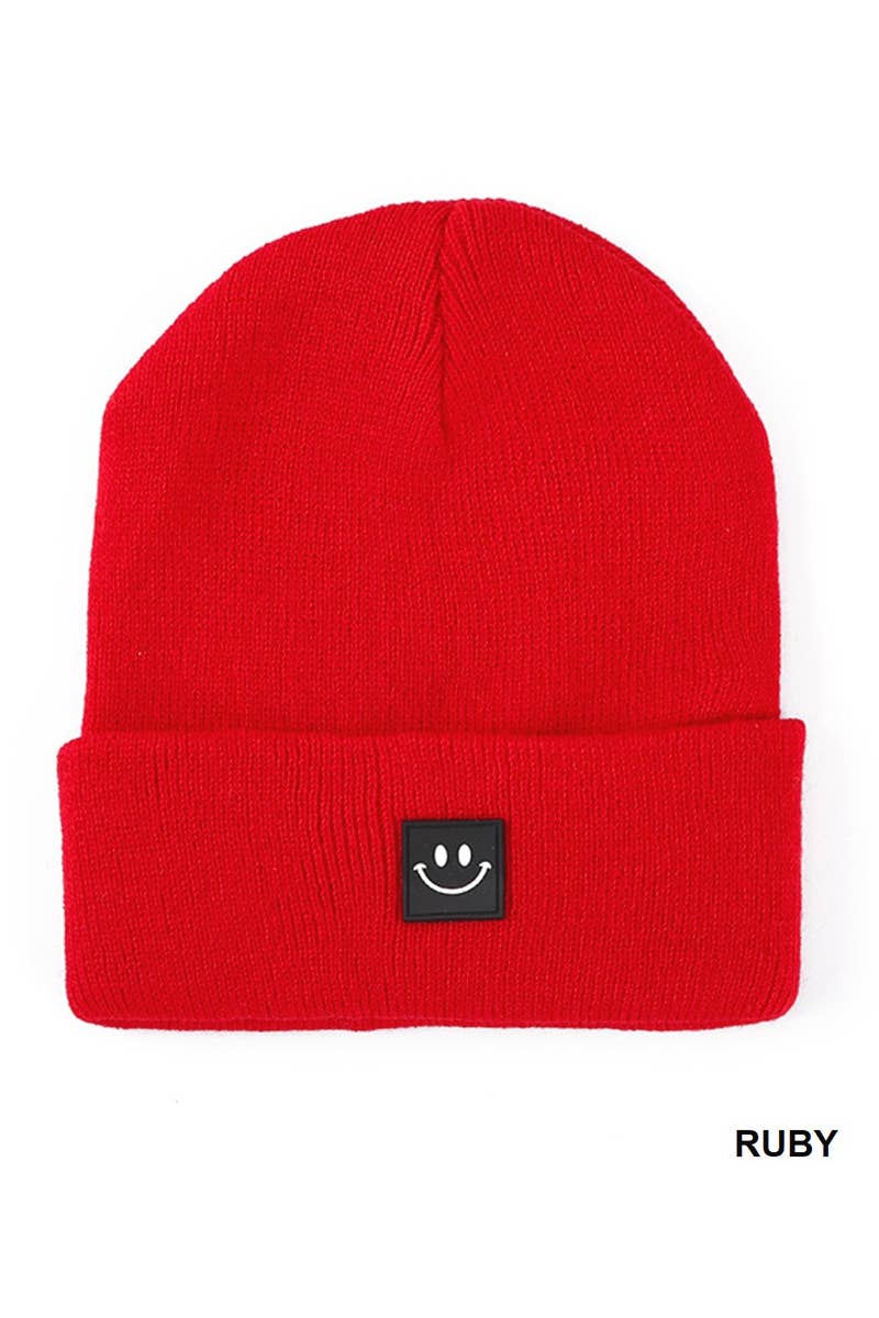 Ruby Red Smiley Face Patch Beanie