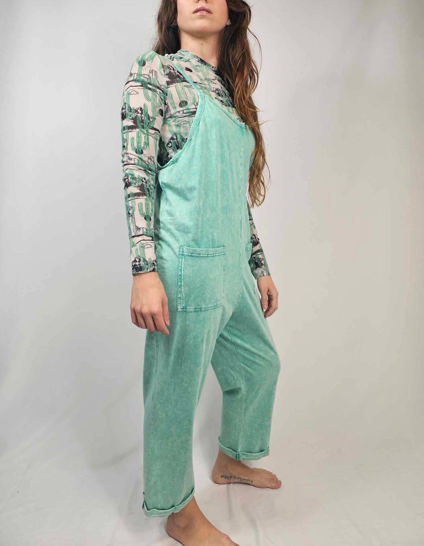 Acid Washed Jumpsuit - Turquoise