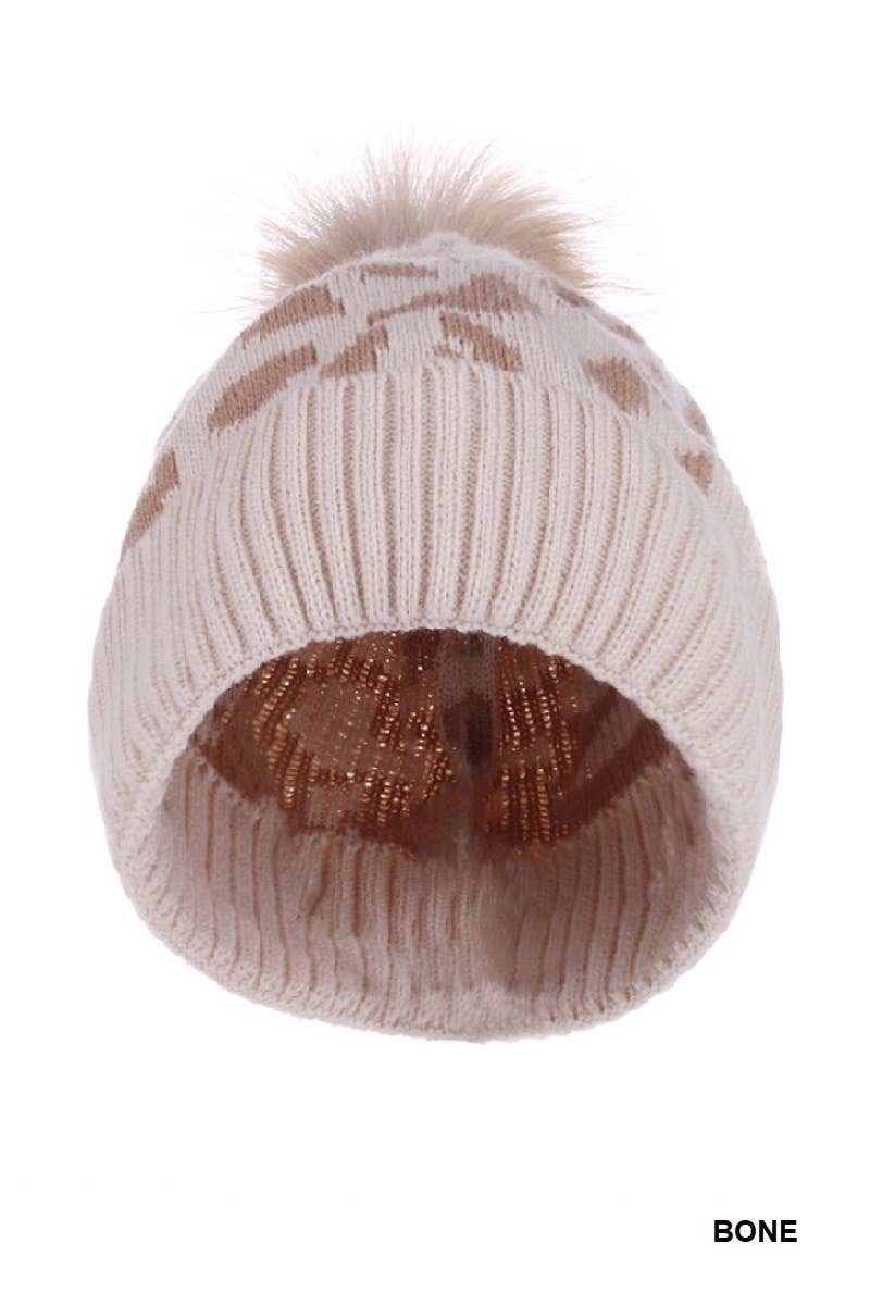 Leopard Pattern Knit Pom Pom Beanie