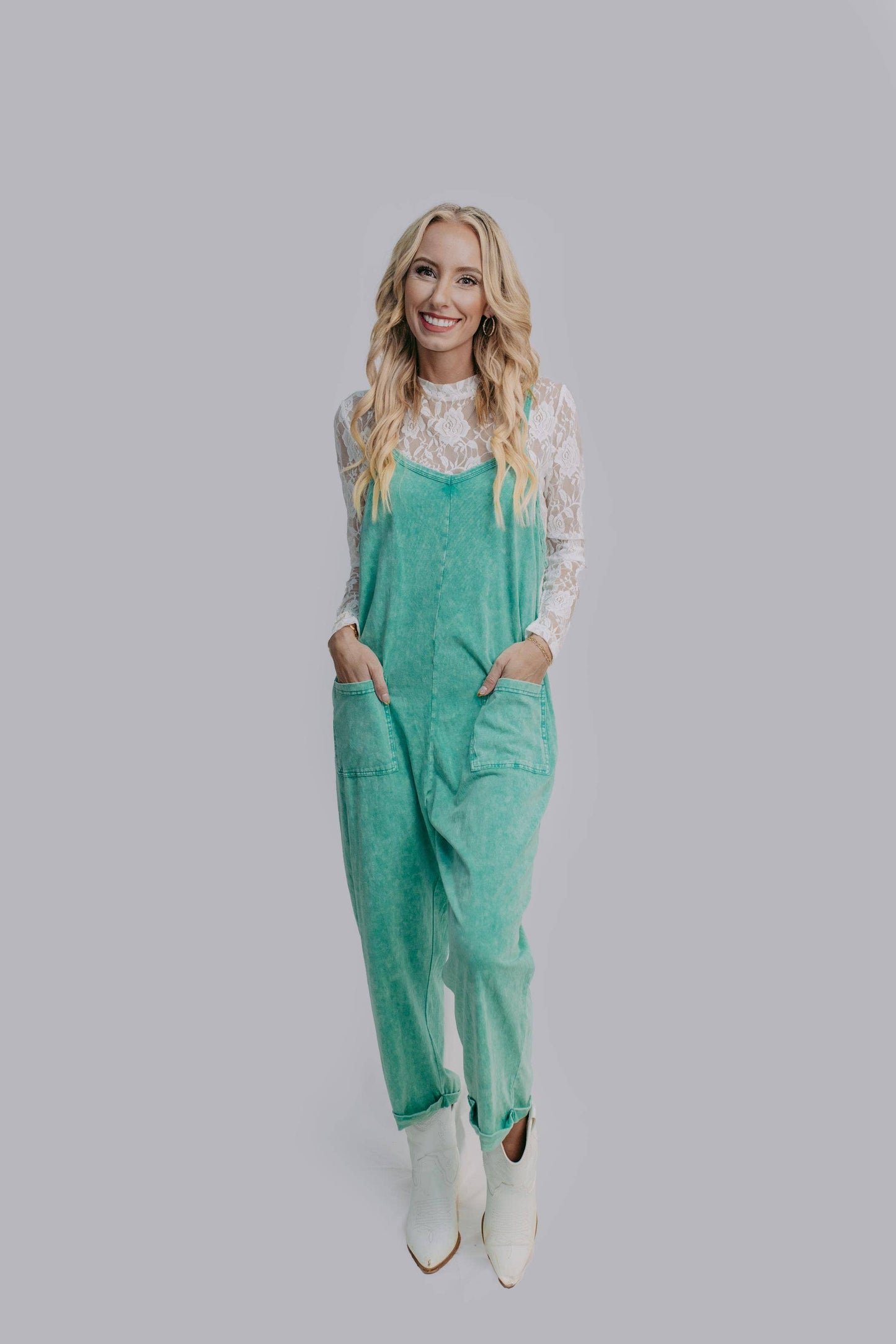 Acid Washed Jumpsuit - Turquoise