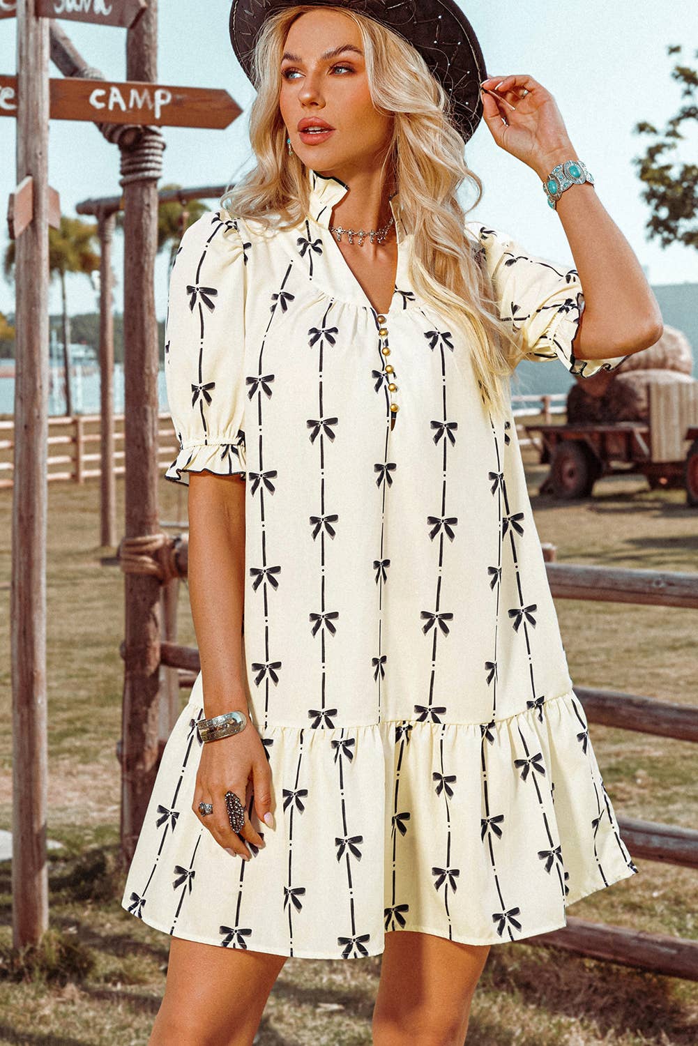  Bowknot Bubble Sleeve V Neck Mini Dress