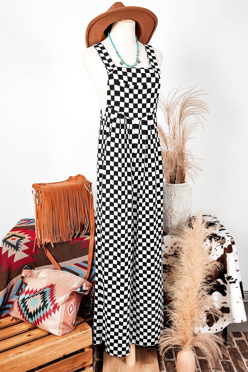 Checkered Print Pocketed Wide Leg Jumpsuit