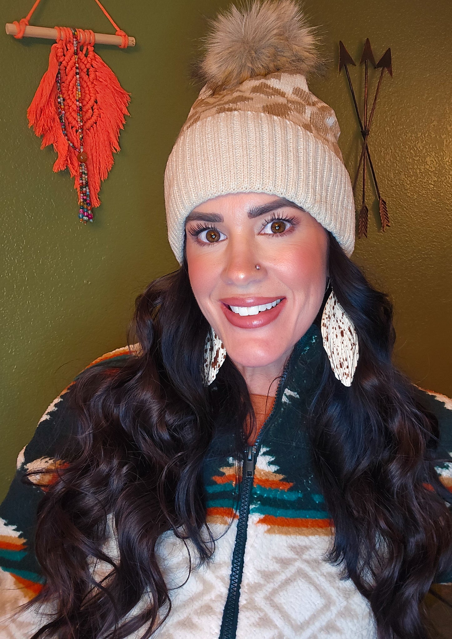 Leopard Pattern Knit Pom Pom Beanie