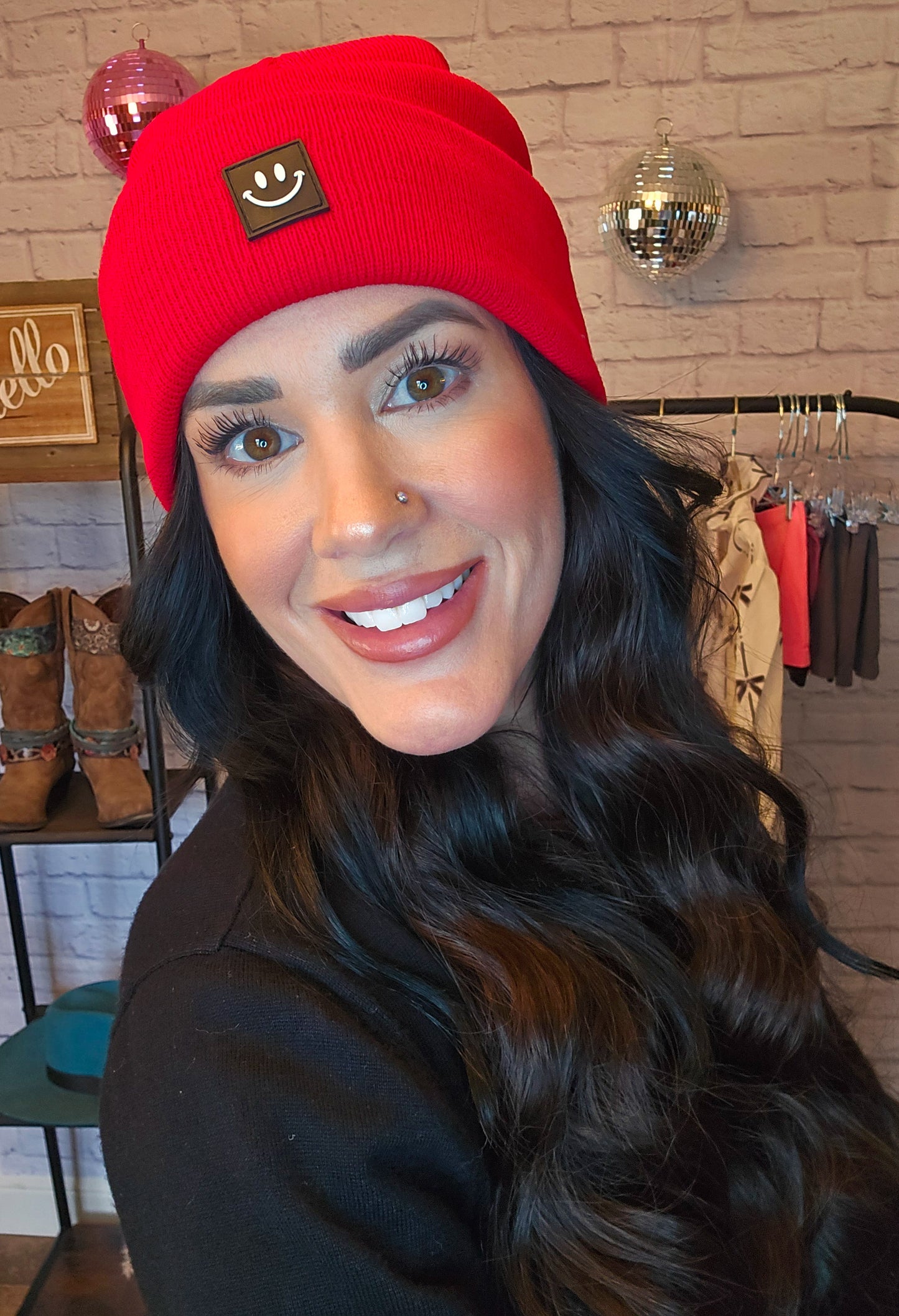 Ruby Red Smiley Face Patch Beanie