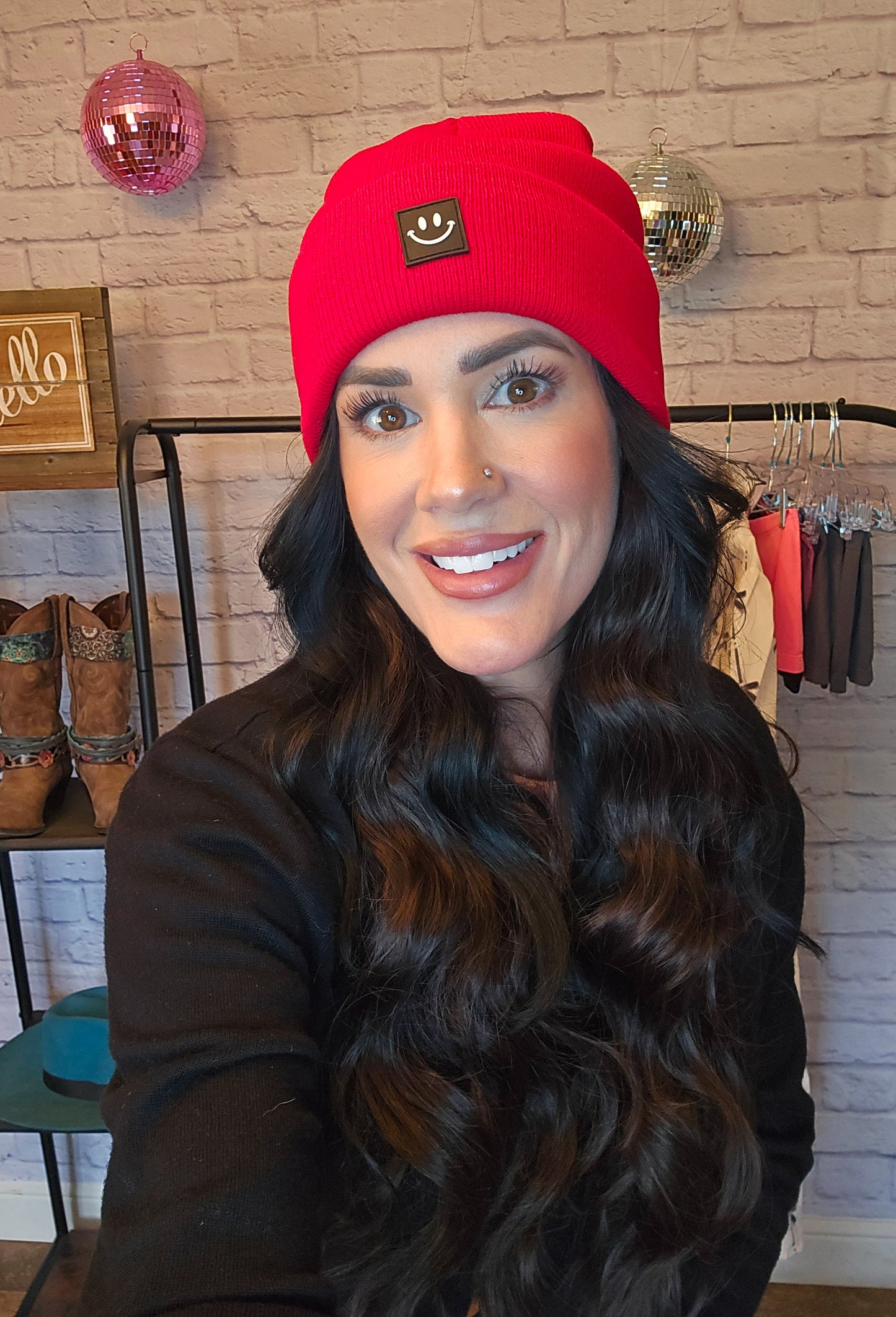 Ruby Red Smiley Face Patch Beanie