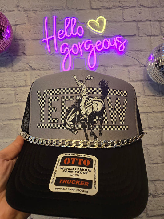 Checkered Yeehaw Graphic Trucker Hat