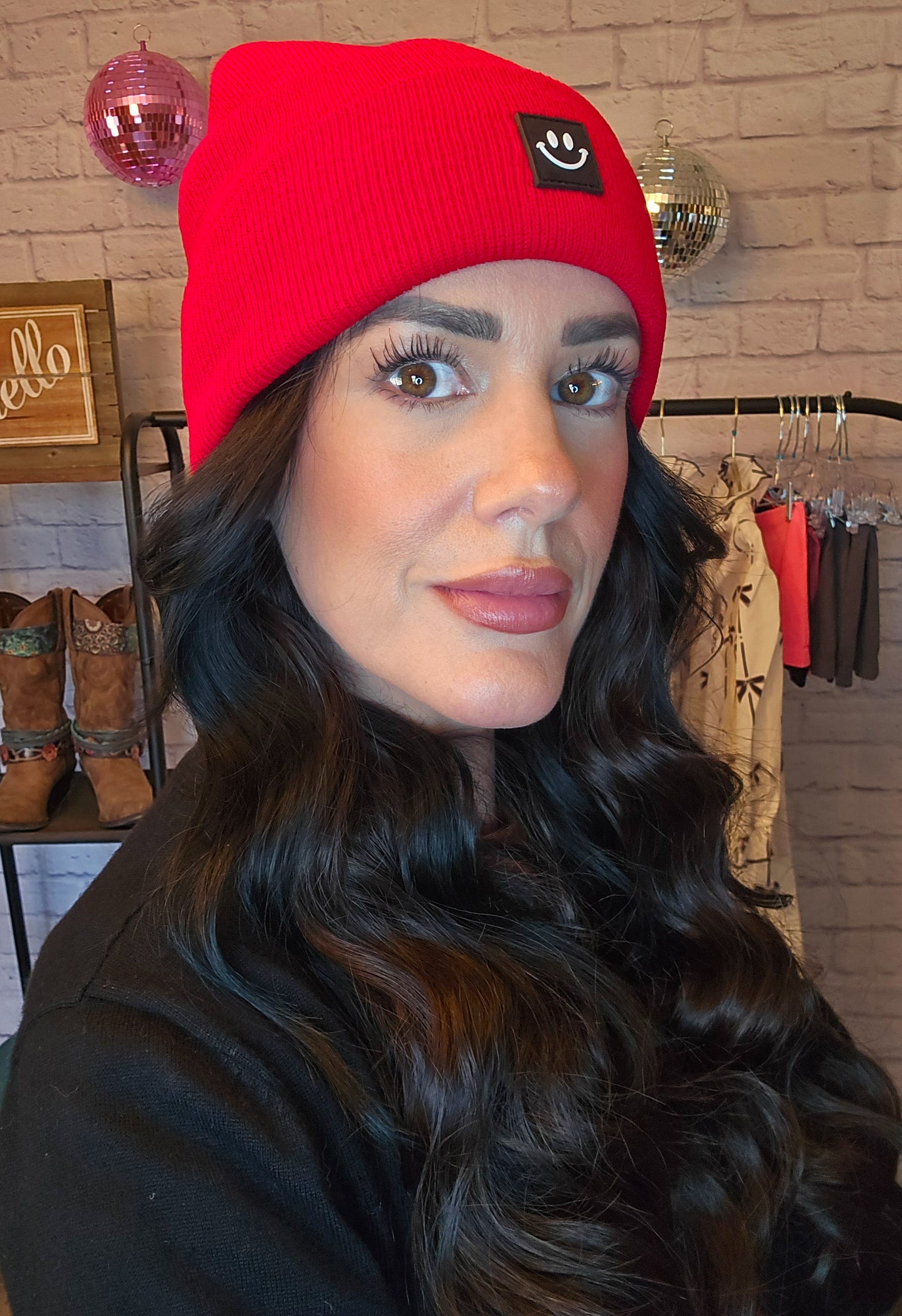 Ruby Red Smiley Face Patch Beanie