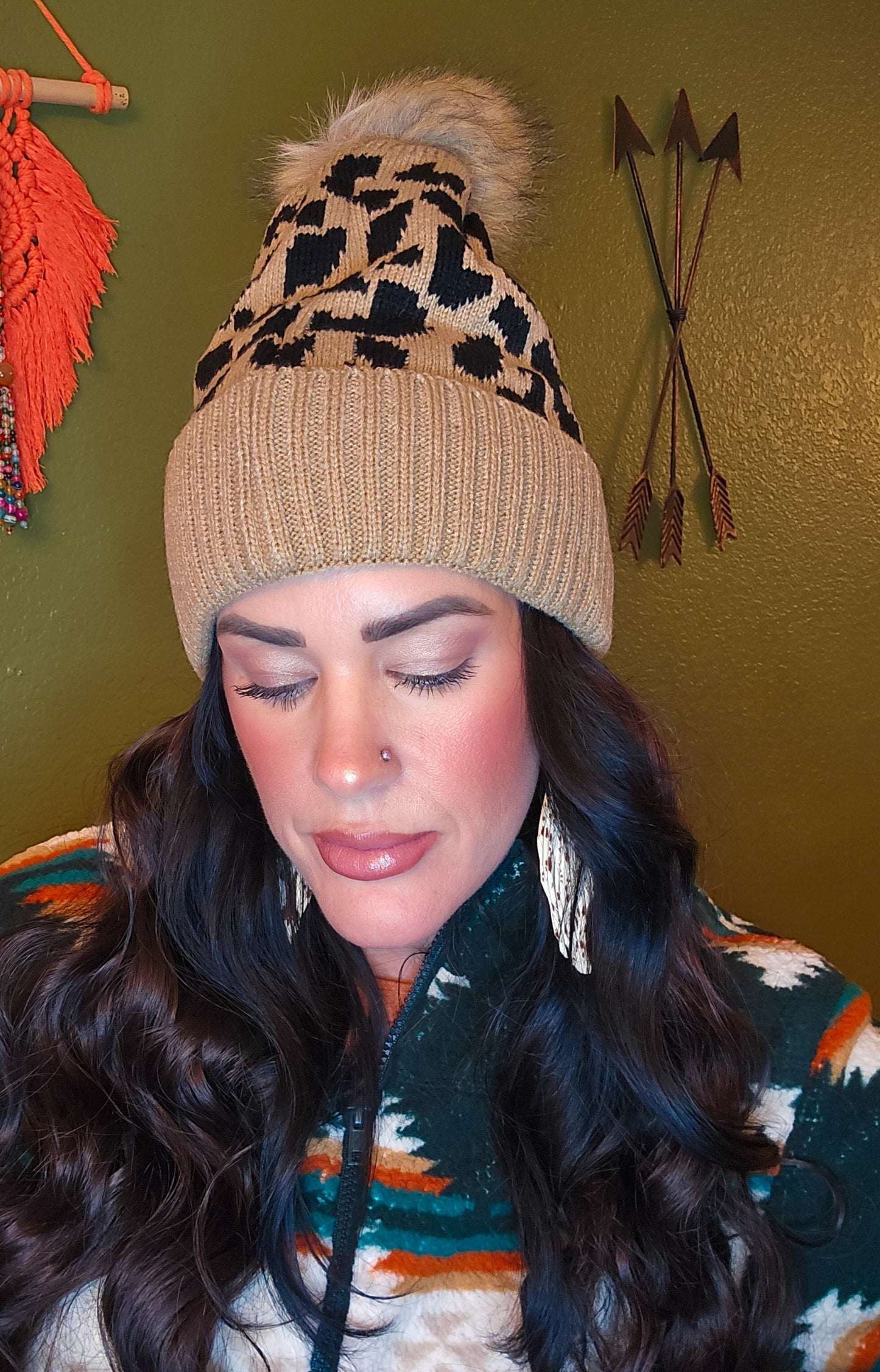 Leopard Pattern Knit Pom Pom Beanie