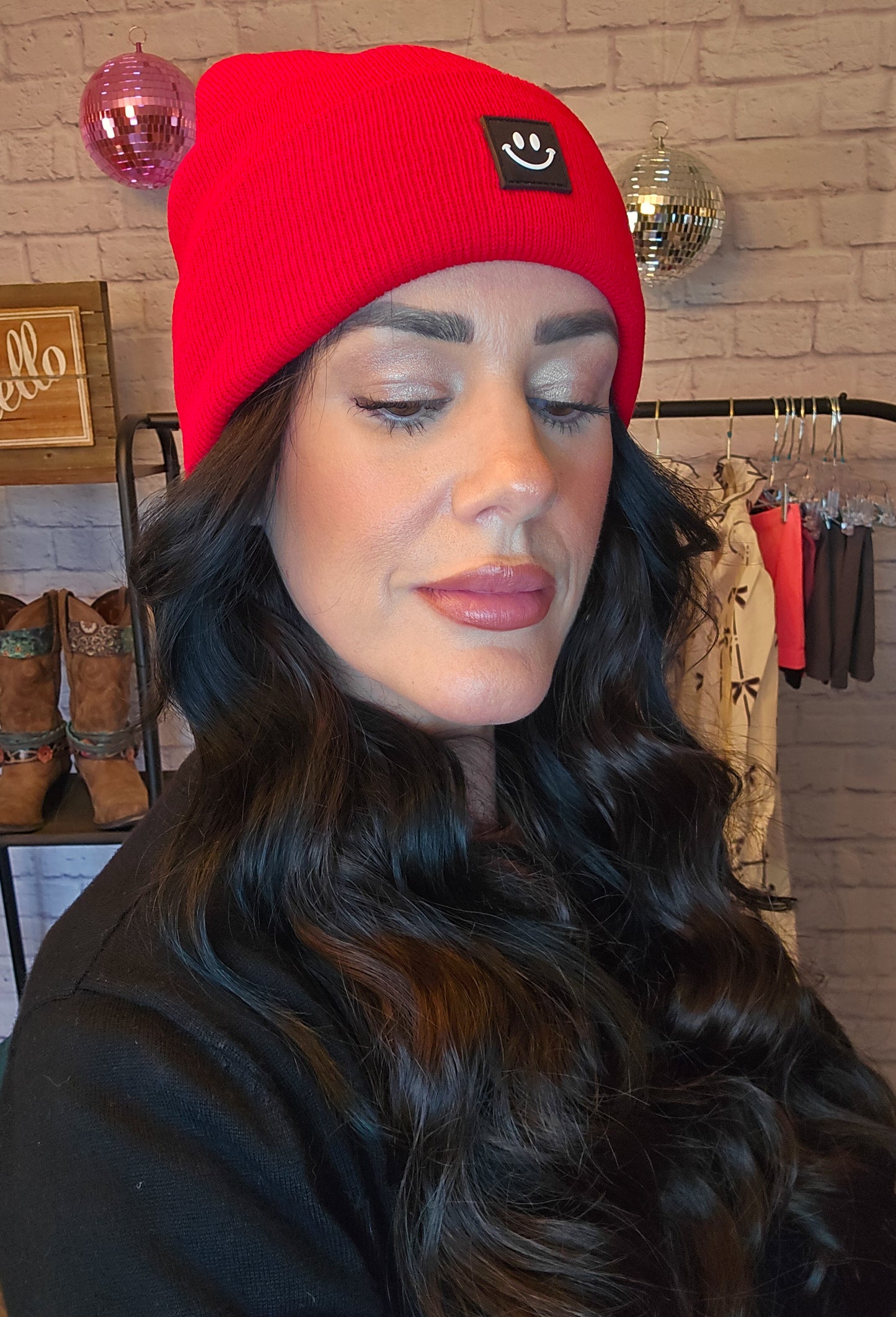 Ruby Red Smiley Face Patch Beanie